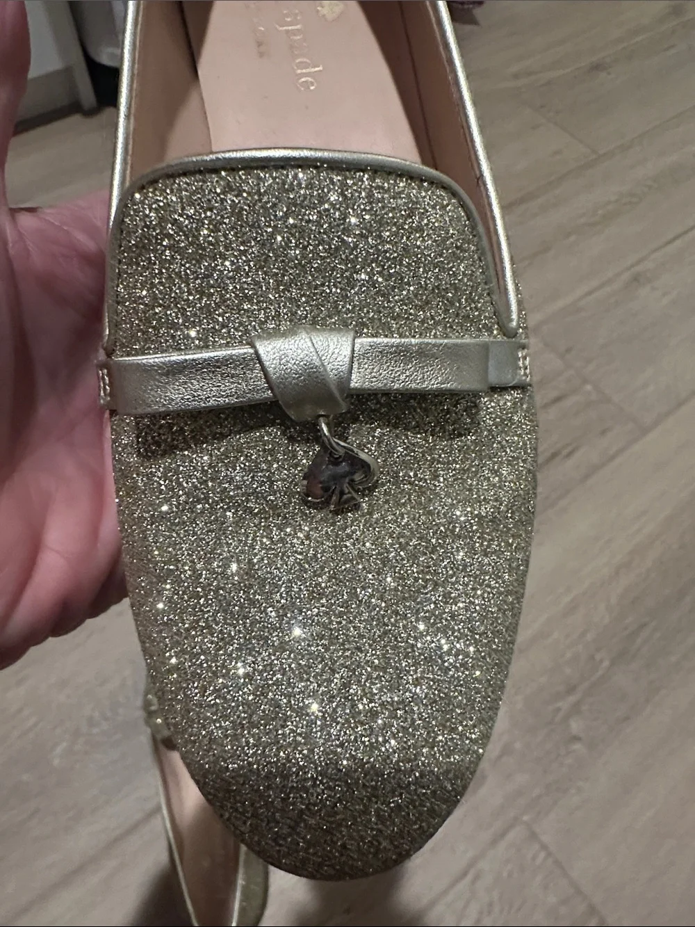 Kate Spade Georgia Metallic Gold Glitter Loafers with Bow Accent - Size 6